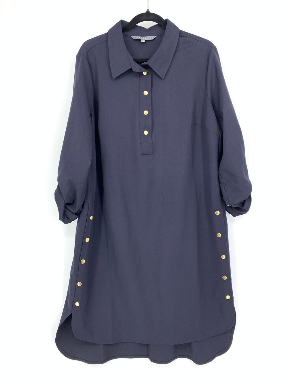 Sharagano Shirt Dress Women's Size Medium Side Button Detail Long Sleeve Navy